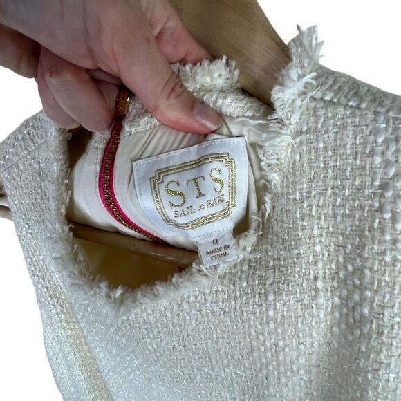 Sail To Stable Tweed Sleeveless Mini Dress Sz 0 Cream Raw Hem Neck Glam-Chic - Picture 8 of 11